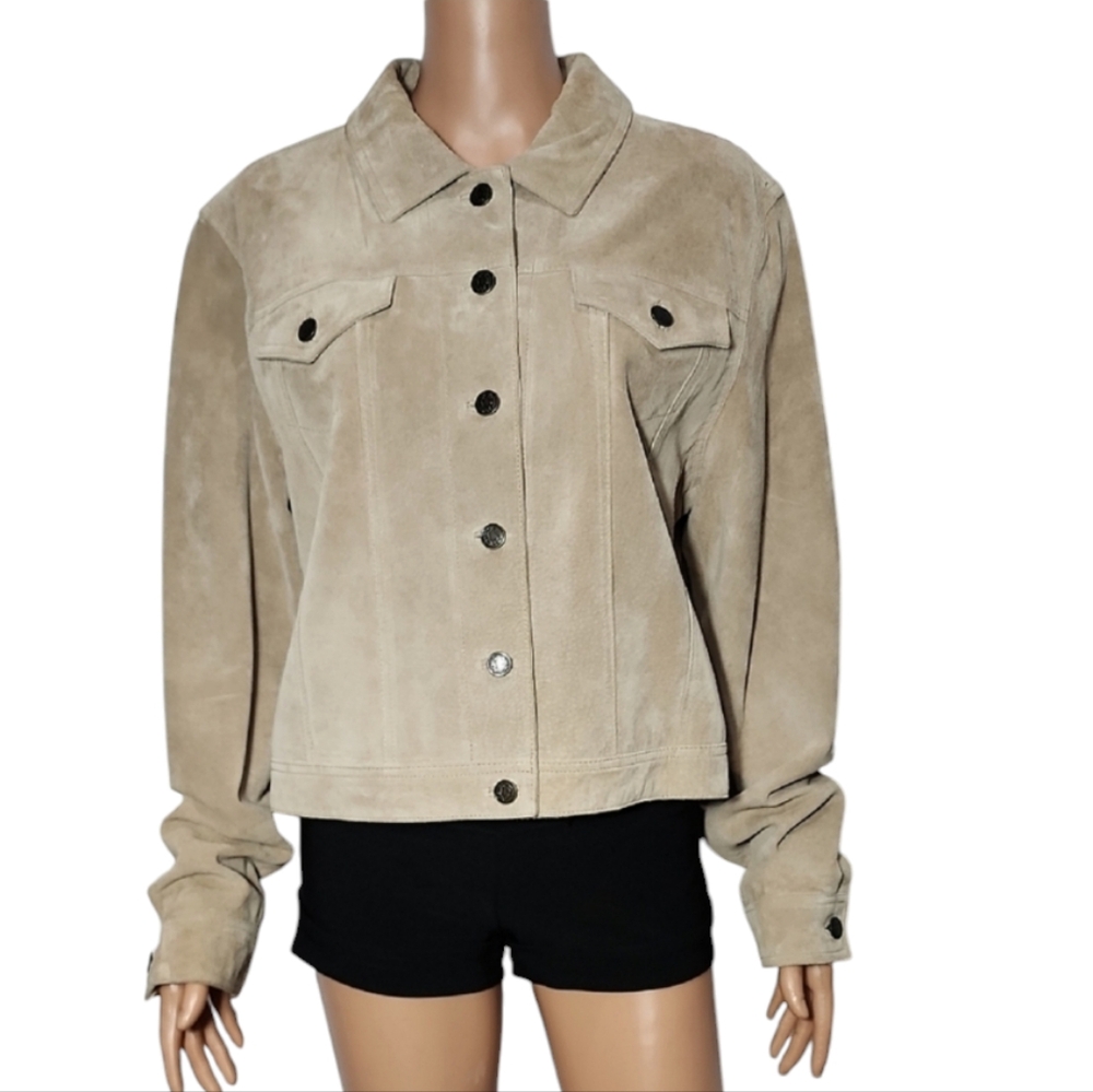 Vintage Brandon Thomas Suede Leather Jacket Floral Embroidery Tan/Beige Size L